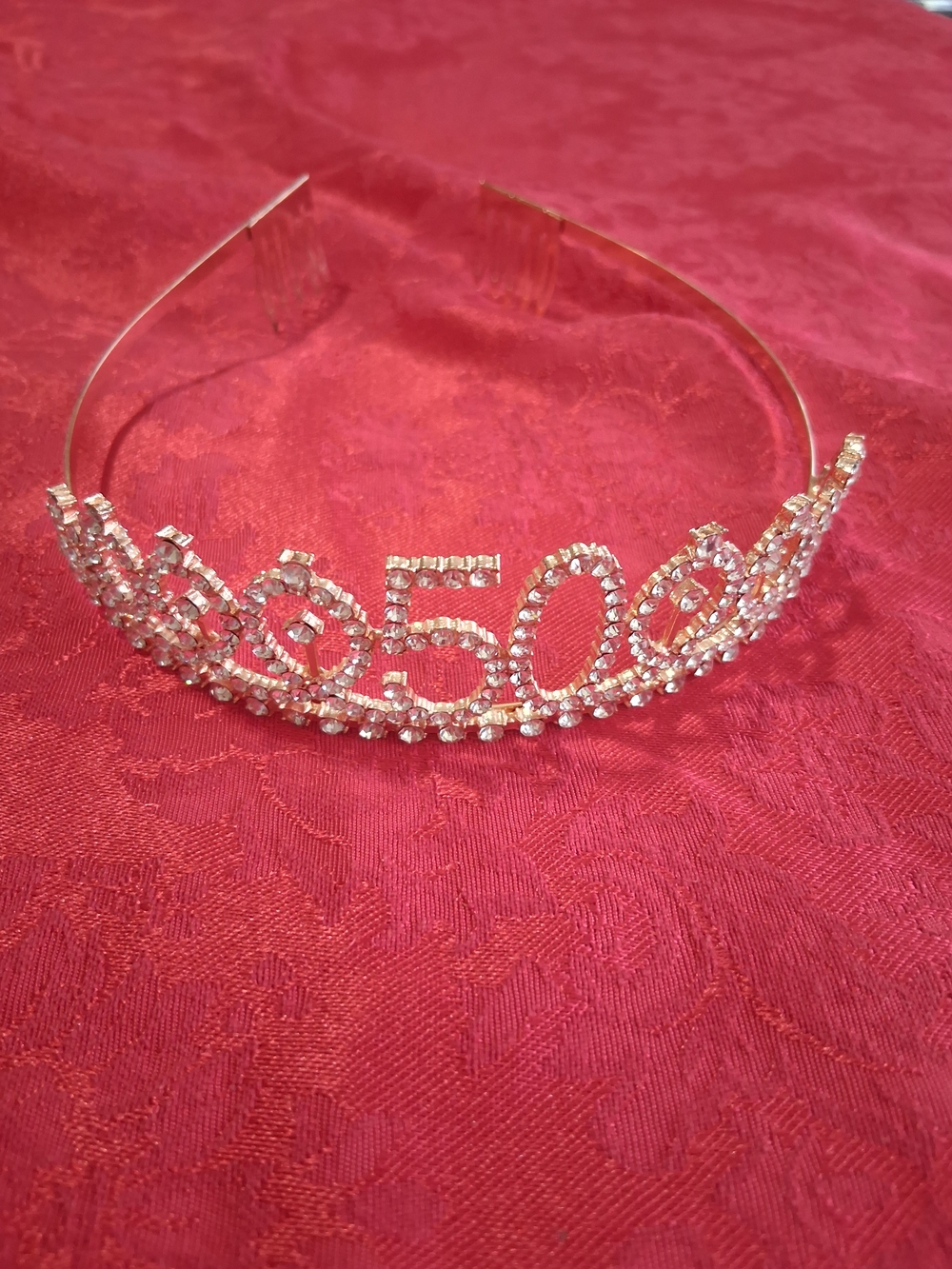 Rhinestone '50' Celebration Tiara Headband - Silver Tone